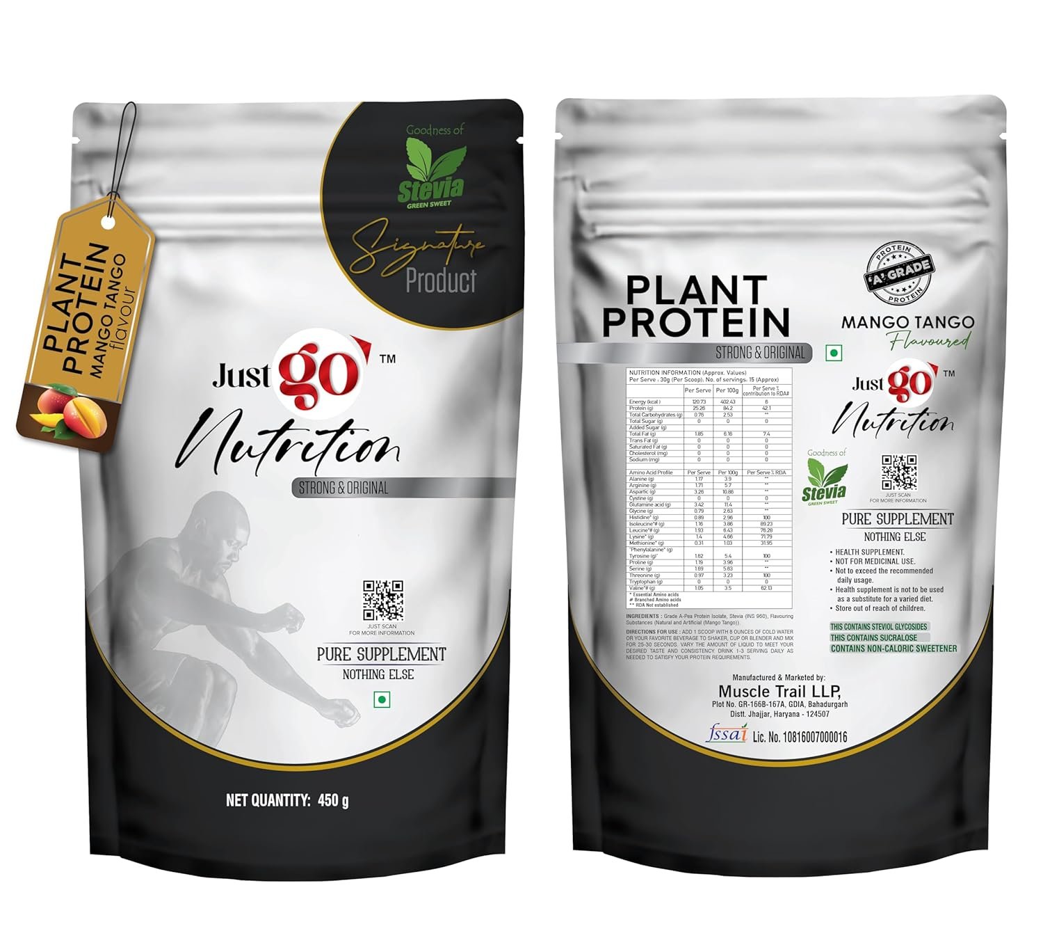 Plant Protein Supplement Powder(15 servings)|Plant Pea Protein with Digestive Enzymes|Vegan Protein|Natural Sweetener Stevia|25g protein|450g (Mango Tango)(IMPORTED INGREDIENTS)