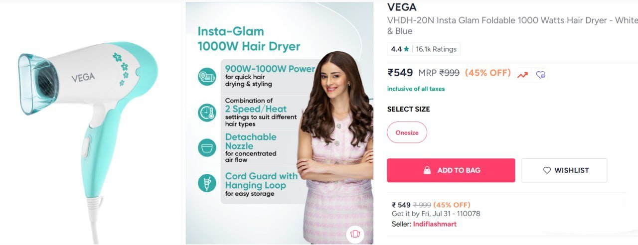Buy VEGA VHDH 20N Insta Glam Foldable 1000 Watts Hair Dryer   White & Blue -  - Personal Care for Unisex