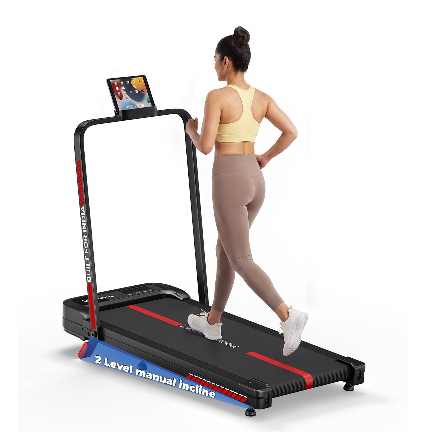 Lifelong 4 HP MotorizedTreadmill for Home|2-Level Manual Incline |Speed 1-10 km/h |LED Display|12 Workout Programs |100 kg Capacity |Gym Equipment for Home Workout| Foldable Handle| iPad & Phone S