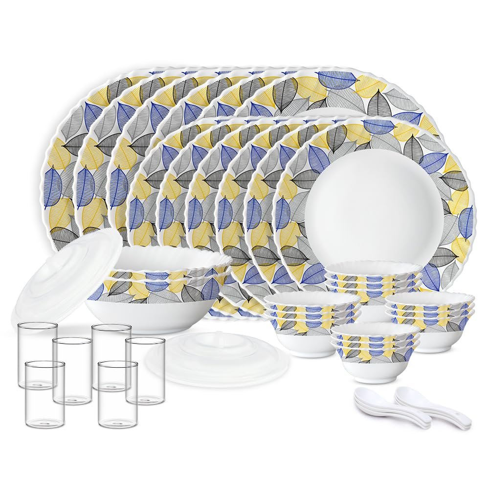 Larah by Borosil Silk Series Kora Opalware Dinner Set with Vision Glass | 40 pcs for Family of 6 | Microwave & Dishwasher Safe | Plates & Bowls | Crockery for Dining & Gifting | Leaf Patte