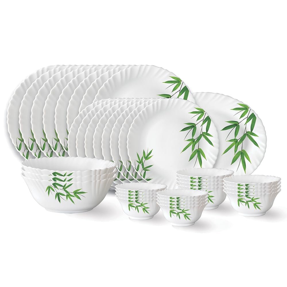 Larah by Borosil Bamboo Leaves Fluted Series Opalware Dinner Set | 33 Pieces for Family of 6 | Microwave & Dishwasher Safe | Bone-Ash Free | Crockery Set for Dining & Gifting | Plates & Bo