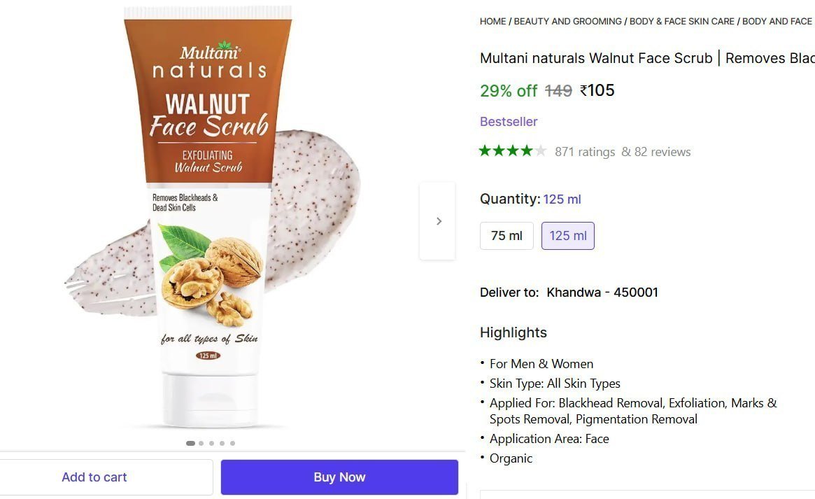 Multani naturals Walnut Face Scrub | Removes Blackheads & Dead Skin Cells - Scrub - Price in India, Buy Multani naturals Walnut Face Scrub | Removes Blackheads & Dead Skin Cells - Scrub Online