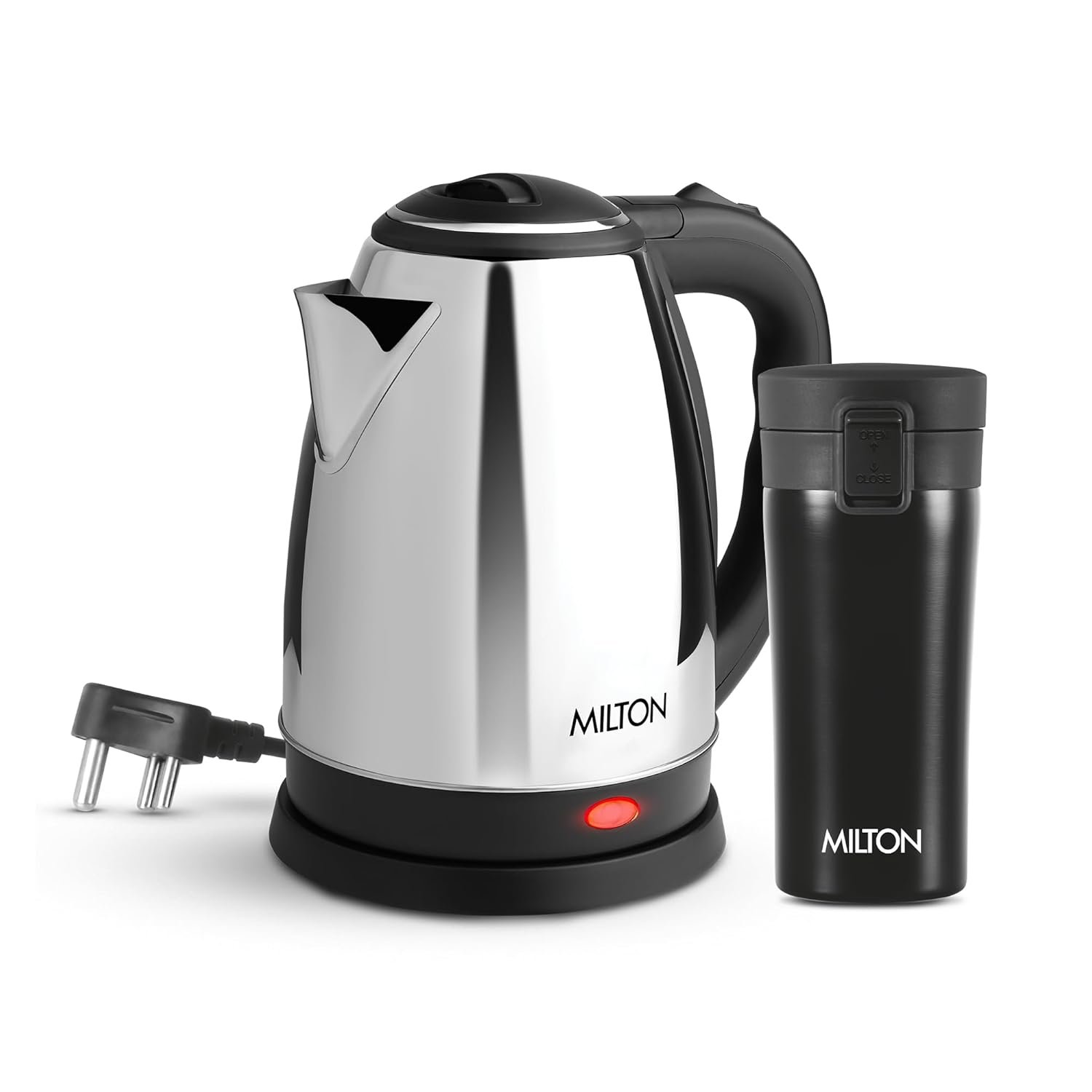 MILTON Go Electro 1.5L Fast Boil Kettle 1350W with 3x Safety Protection + 350ml Double Wall Vacuum Insulated Coffee Mug with Strainer, Stainless Steel Hot & Cold Combo for Home, Office, Travel,Gif