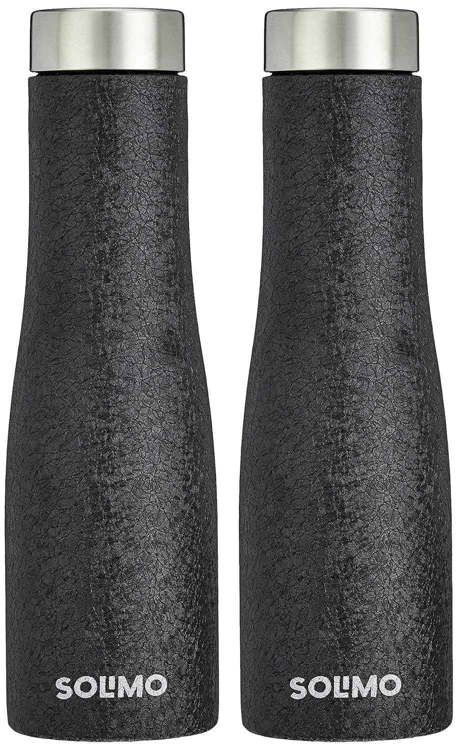 Amazon Brand - Solimo Stainless Steel Fridge Water Bottles | Set of 2 | Textured Finish | 1 L | Black