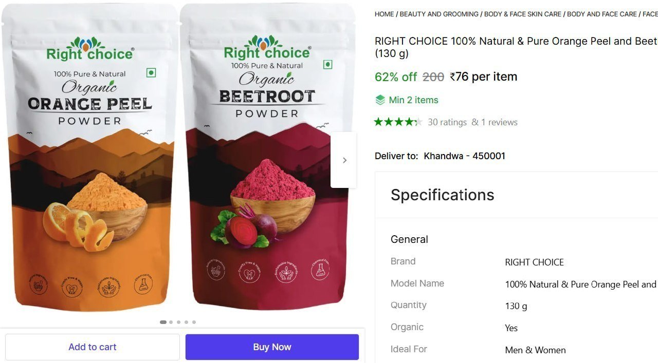 RIGHT CHOICE 100% Natural & Pure Orange Peel and Beetroot Powder For Face Pack And Hair Pack Price in India - Buy RIGHT CHOICE 100% Natural & Pure Orange Peel and Beetroot Powder For Face Pack