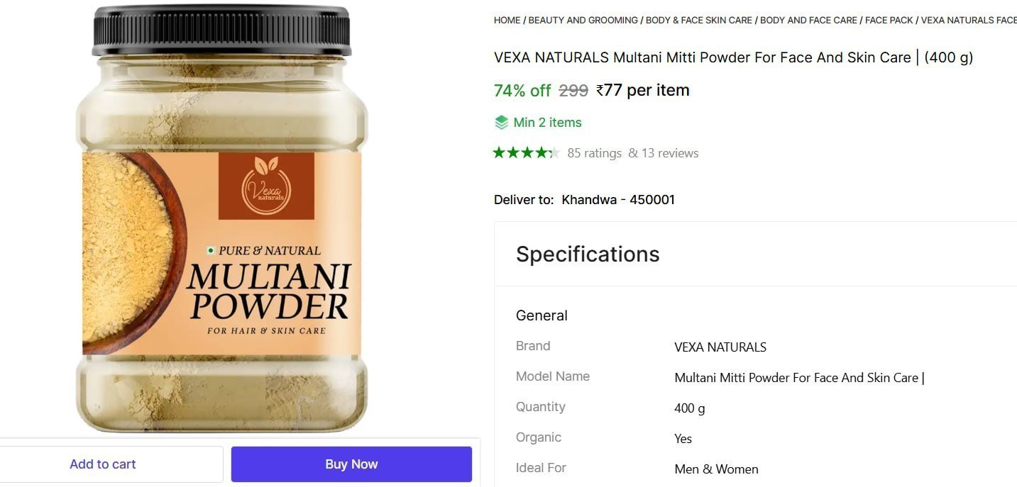 VEXA NATURALS Multani Mitti Powder For Face And Skin Care | Price in India - Buy VEXA NATURALS Multani Mitti Powder For Face And Skin Care | online at Shopsy.in
