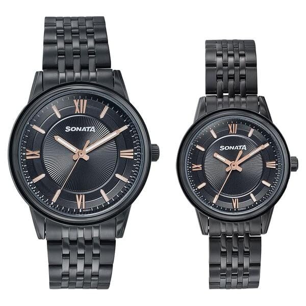 Sonata Wedding Edit Quartz Analog Black Dial Stainless Steel Strap Watch for Pair