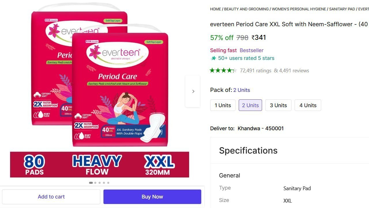 everteen Period Care XXL Soft with Neem-Safflower - (40 Pads Each) Sanitary Pad Price in India - Buy everteen Period Care XXL Soft with Neem-Safflower - (40 Pads Each) Sanitary Pad online at Shopsy.in