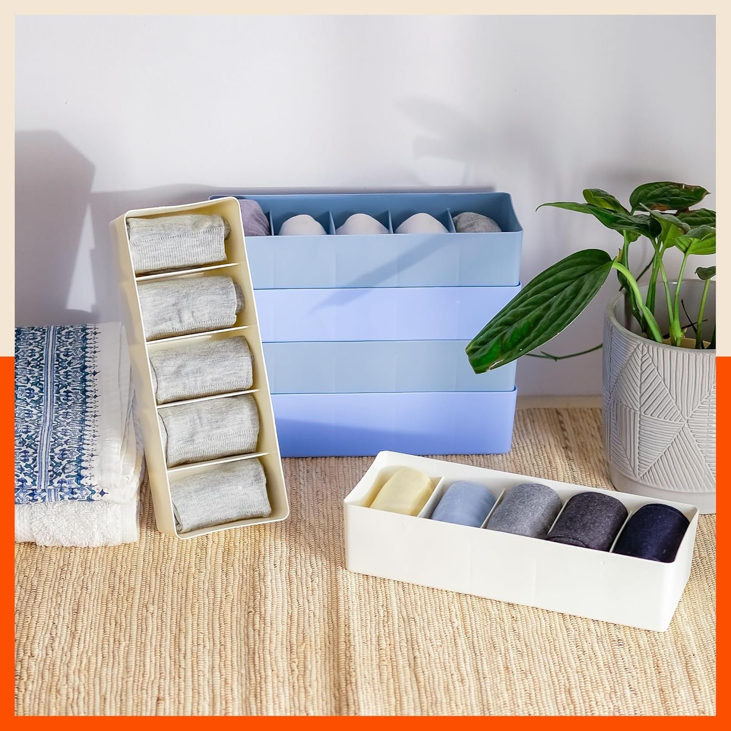 Bathla Drawer Organizers (Set of 4)- 5 Grids Multi-purpose Closet Storage Dividers | Stackable Wardrobe Organizers for Socks, Innerwear, Ties, Jewellery & Stationary | Plastic Storage Box | Multic