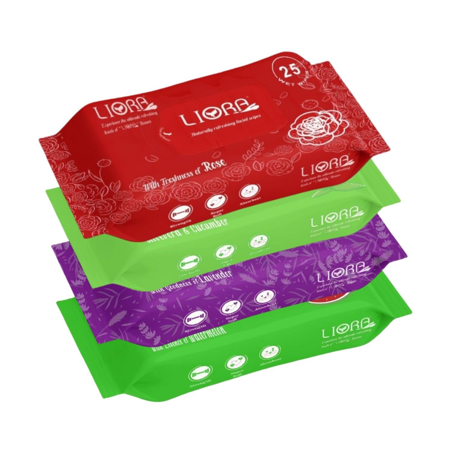 Liora Wet Wipes, Daily Cleansing, Refreshing & Moisturizing Facial Wipes | Aloe Vera Enriched | Rose, Lavender, Watermelon & Cucumber | Anti-Acne, Biodegradable | 25 Wipes Each, Pack of 4 (Tot