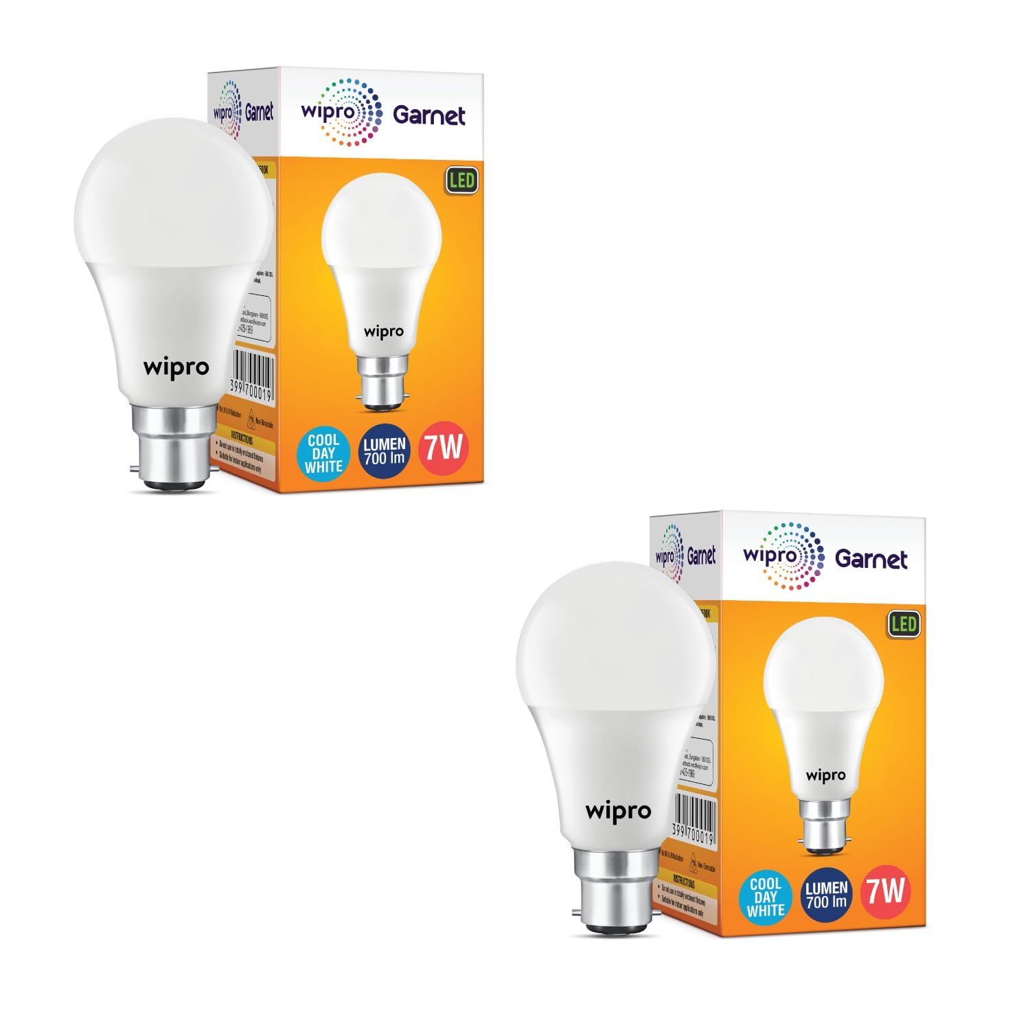 wipro 7W Led Cool Day Light B22D Bulb, Pack of 2 (Garnet)
