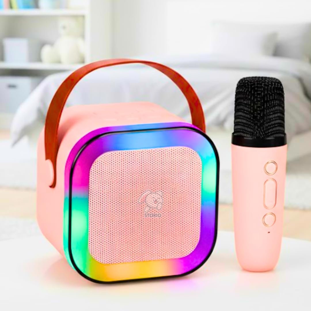 Storio Rechargeable Karaoke Mic with Speaker for Singing | Wireless Bluetooth Microphone with LED Lights | Portable Music Mic for Kids Boys Girls & Adults | Musical Toy & Birthday Gift - Squar