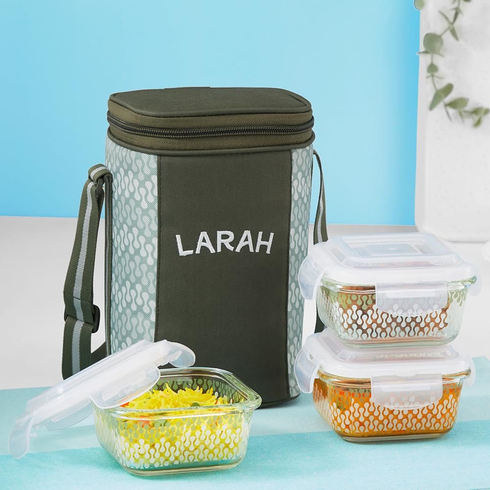 Gracia Glass Lunchbox with Bag | 3pc Square Container Set (320 ml Each) | Microwave & Dishwasher Safe, Leakproof | Tiffin for Office, School, College | Green
