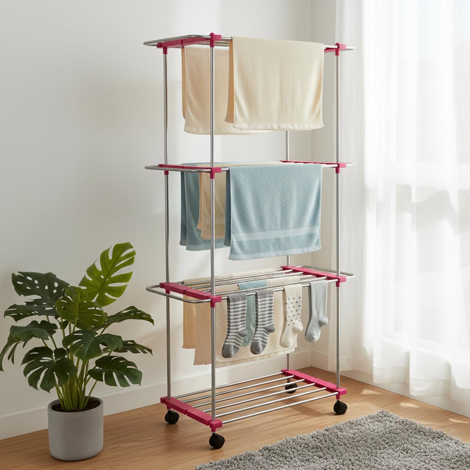 Amazon Brand - Solimo Plastic 3 Layer Cloth Drying Stand with Shoe Drying Section | Dimensions: 110 * 46 * 179 Cm (White and Pink)
