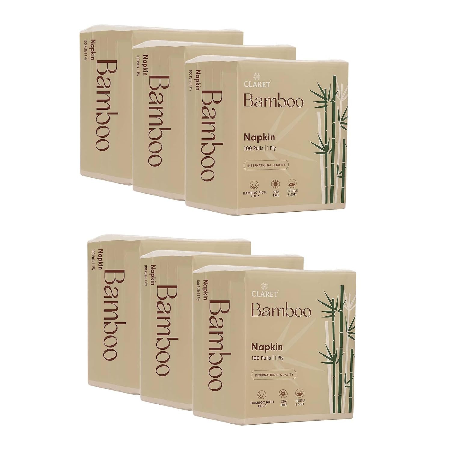 Claret Bamboo Napkin | 1-Ply | 100 Pulls | Bamboo Rich Pulp | OBA Free | Gentle & Soft (Pack Of 6)