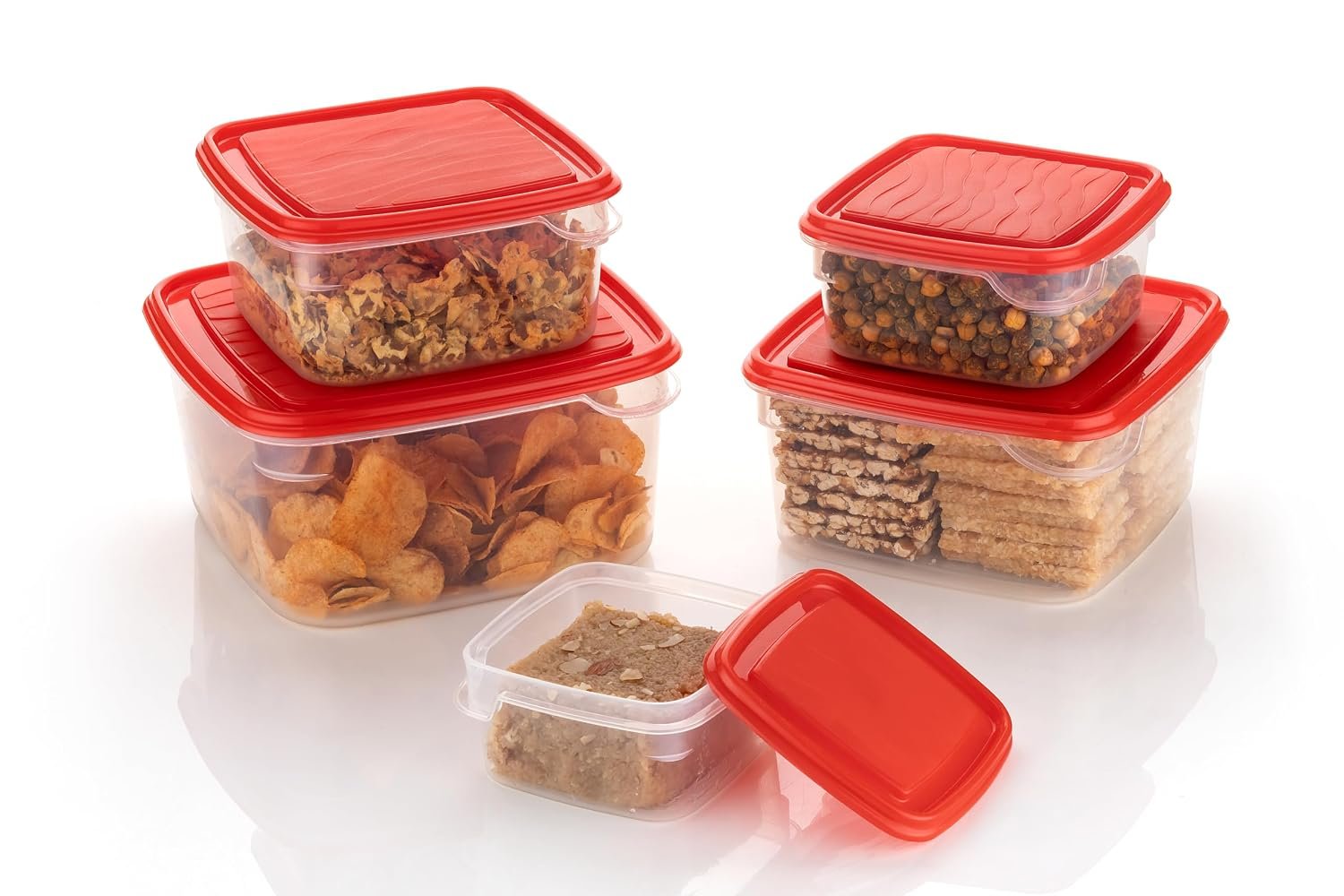 Clazkit Square Plastic Storage Jars Containers Set for Kitchen | BPA Free Leak Proof Food Grade Material Multicolour | Set of 5-3000ml | 2000ml | 1200ml | 700ml | 450ml, Red
