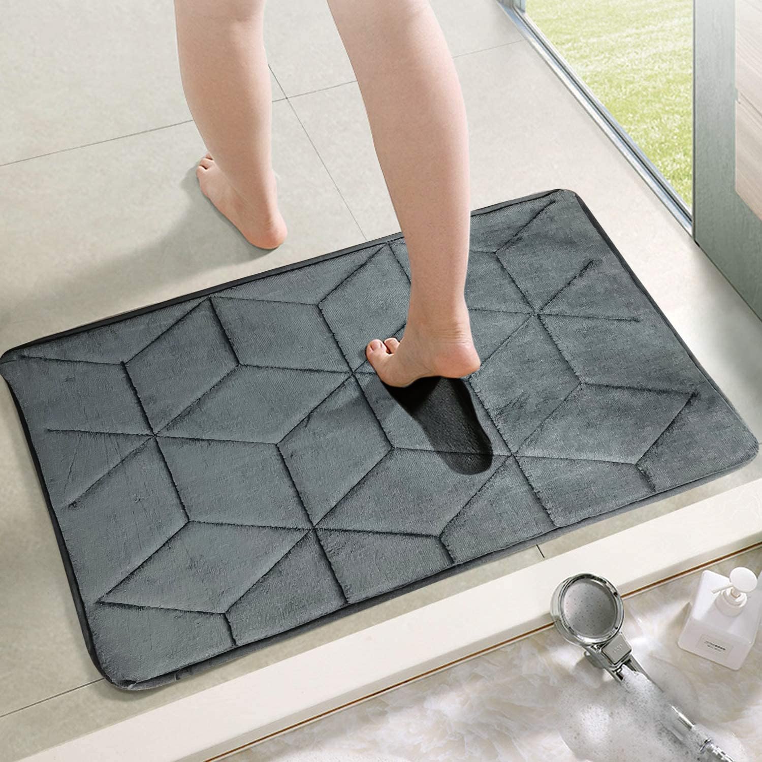 Status Contract Memory Foam Bath Mat Rug, Ultra Soft and Non-Slip Bathroom Rugs, Water Absorbent and Machine Washable Bath Rug for Bathroom, Shower, and Tub, 16" x 24" (Grey), Rectangular