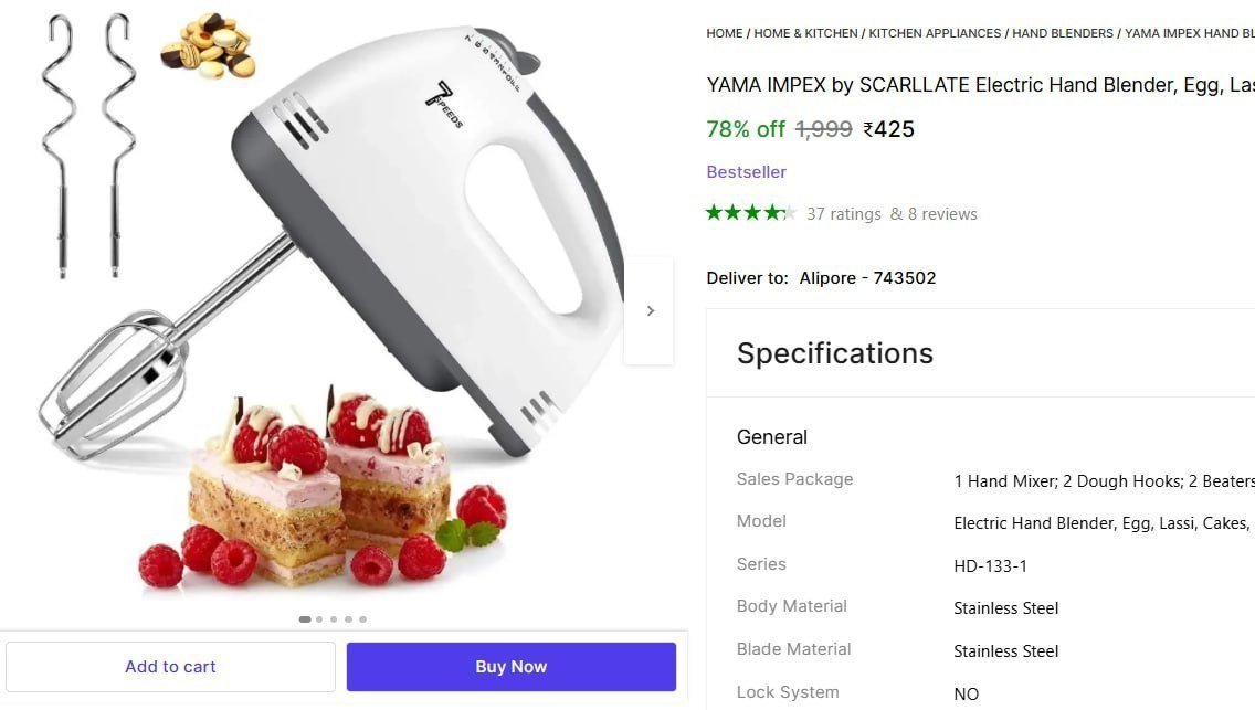 YAMA IMPEX by SCARLLATE Electric Hand Blender, Egg, Lassi, Cakes, Ice-Cream, 7 Speed Control 260 W Electric Whisk, Hand Blender Price in India - Buy YAMA IMPEX by SCARLLATE Electric Hand Blender, Egg,