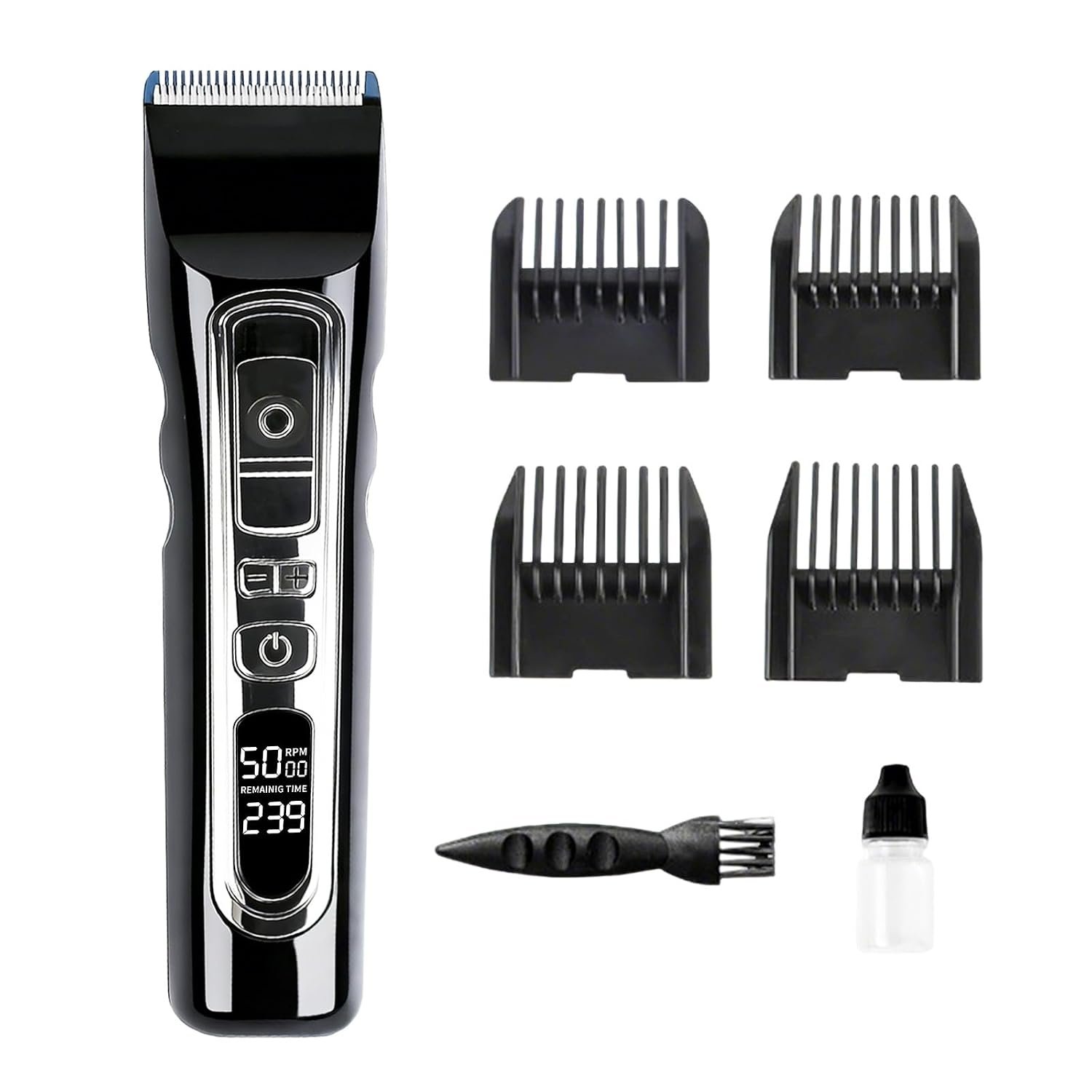 Professional High-Power Hair Clipper for Men, Silent Motor Hair Trimmer, Digital Display, Adjustable Speed & Gears, Ceramic Blade, 4 Limit Combs (3-12mm), 3H Runtime, Quick Charging
