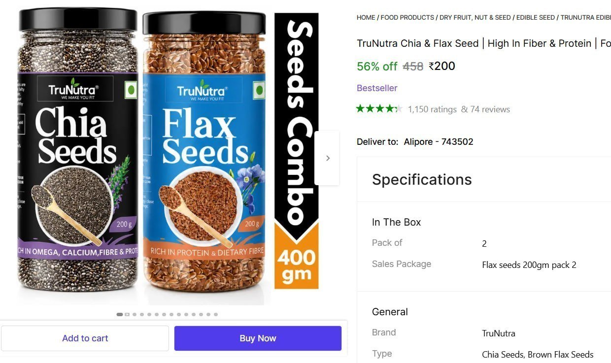TruNutra Chia & Flax Seed | High In Fiber & Protein | For Weight Loss & Healthy Bone Price in India - Buy TruNutra Chia & Flax Seed | High In Fiber & Protein | For Weight Loss &