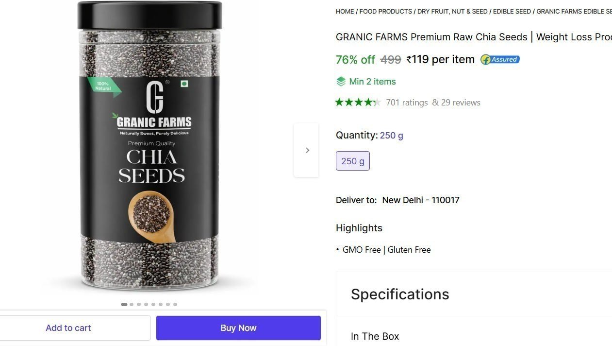 GRANIC FARMS Premium Raw Chia Seeds | Weight Loss Product | With Omega 3 & Calcium Rich Chia Seeds Price in India - Buy GRANIC FARMS Premium Raw Chia Seeds | Weight Loss Product | With Omega 3 &am