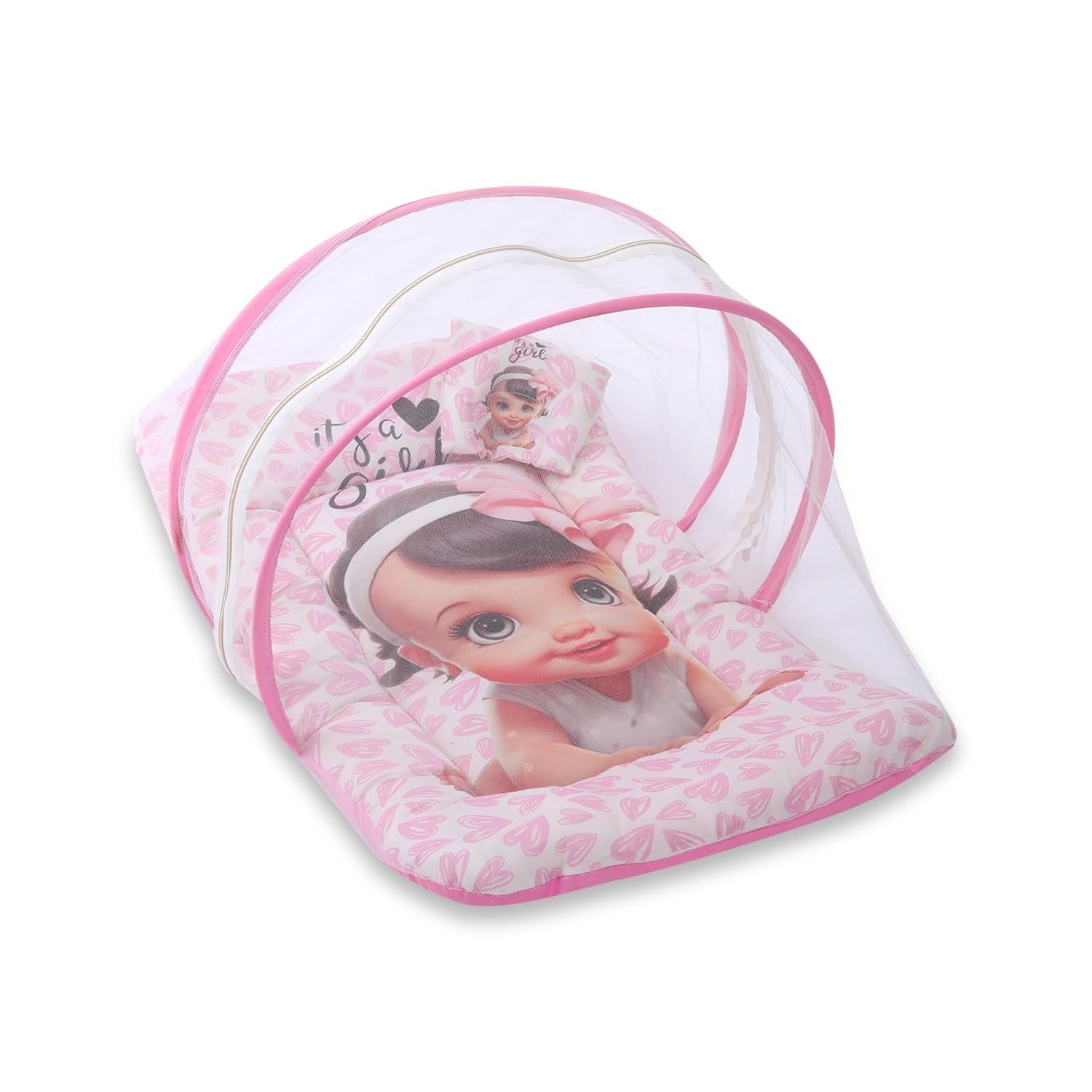 Mommers Baby Folding Mosquito net, Umbrella Net for Travel and Bed, Breathable Mosquito Protection for Kids (0 to 6 Months) Pink