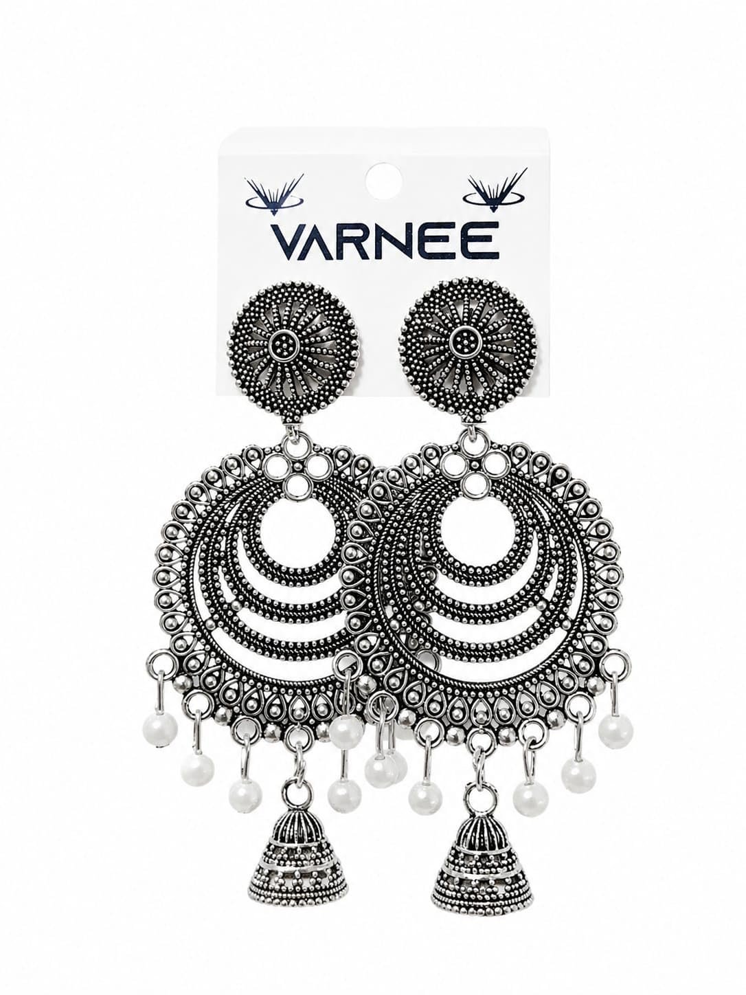 Varnee Oxidised Silver Chandbali Earrings with Jhumki & Pearls | Antique Finish, Pearl Drops, Jhumki Pendant, Ethnic Design, Stud Back
