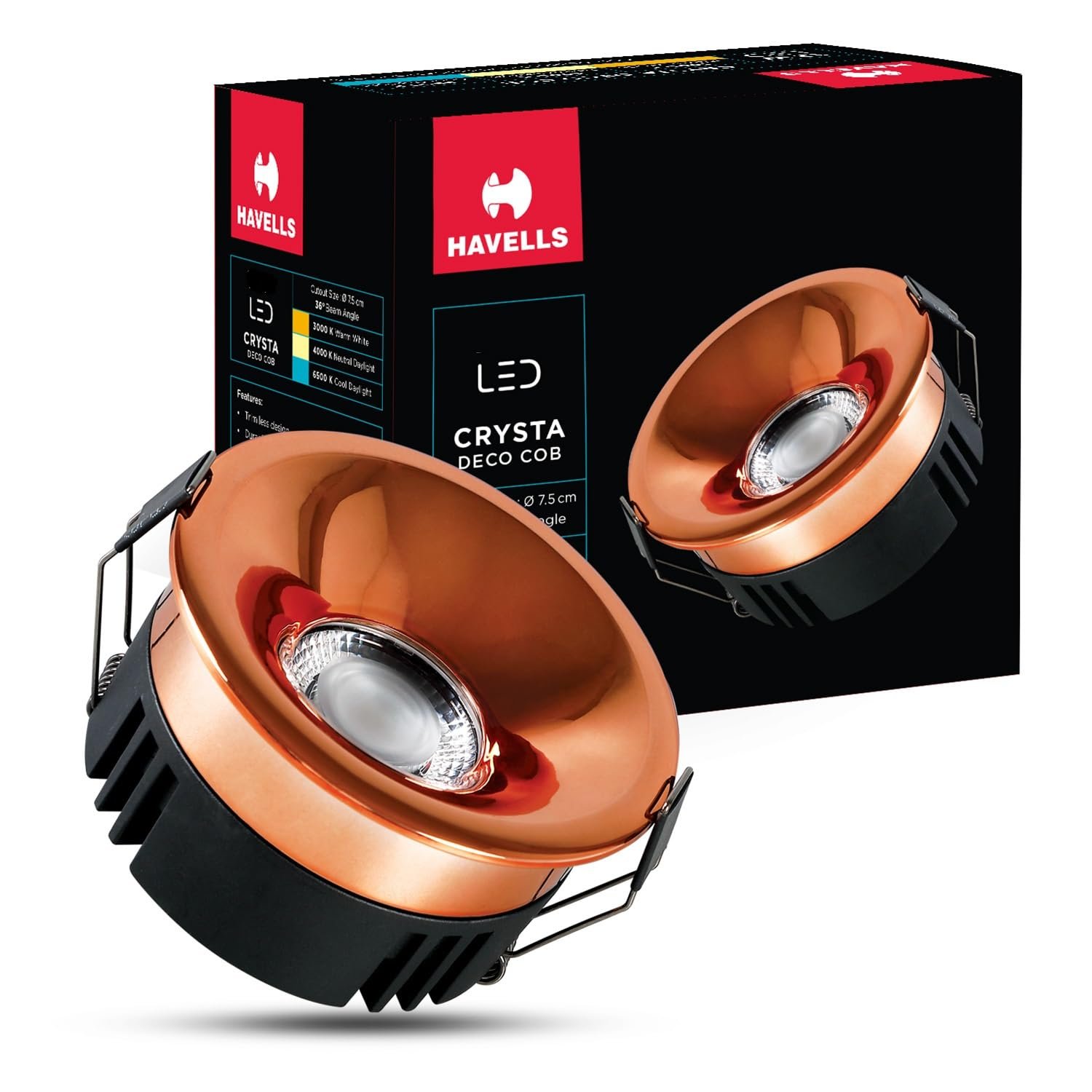 Havells Crysta Deco Cob 18W 3K Rose Gold,Led-Spotlights,Energy Efficient,Long Life of 25000 Burning Hours,Beam Angle of 36°,Metal Body Cob with Independent Driver,Warm White (3000K)
