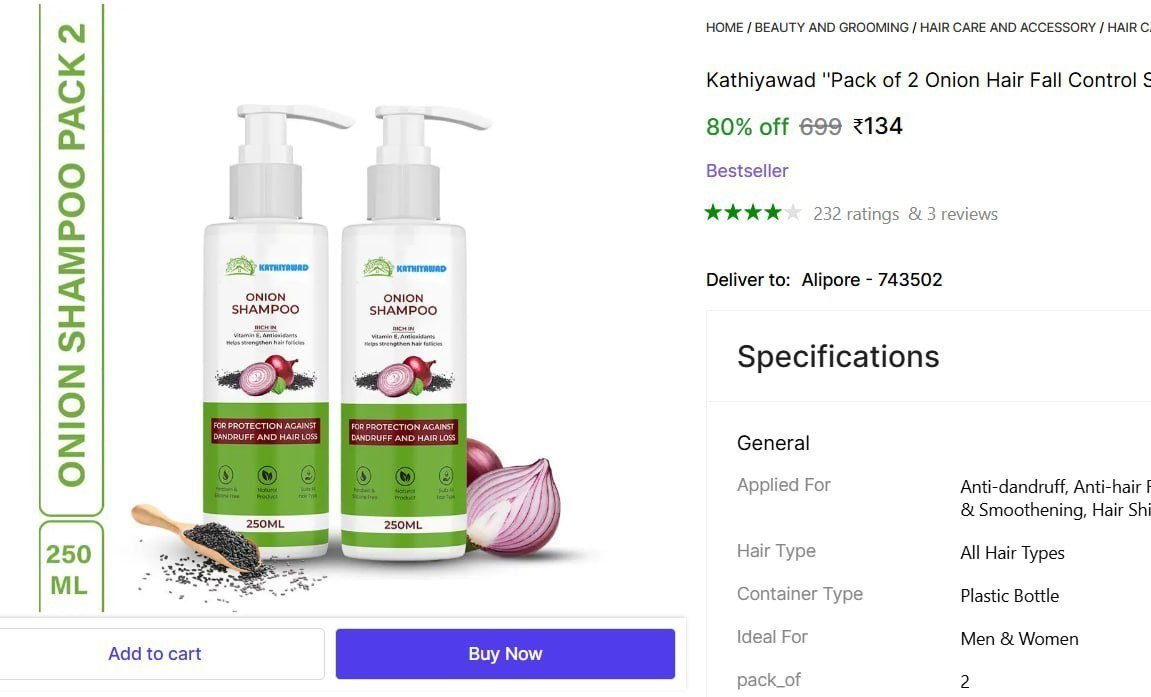Kathiyawad ''Pack of 2 Onion Hair Fall Control Shampoo 250ml - For Thick, Strong Hair'' Price in India - Buy Kathiyawad ''Pack of 2 Onion Hair Fall Control Shampoo 250ml 