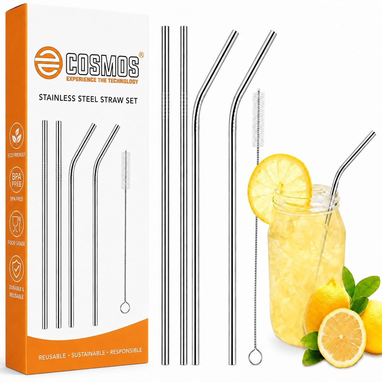 E-COSMOS® Reusable Stainless Steel Straws for Drinking with Brushes 8.5 Inches BPA-Free Metal, Thick, Long (2 Bent + 2 Straight +1 Brush)