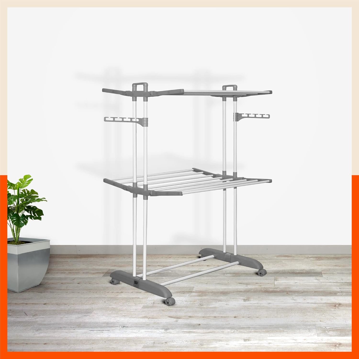Bathla 2 Level Modular Cloth Drying Stand with Wheels - Rustproof Portable Steel Laundry Rack (Grey - Medium) - Clothes Dryer for Balcony, Indoor & Outdoor Use