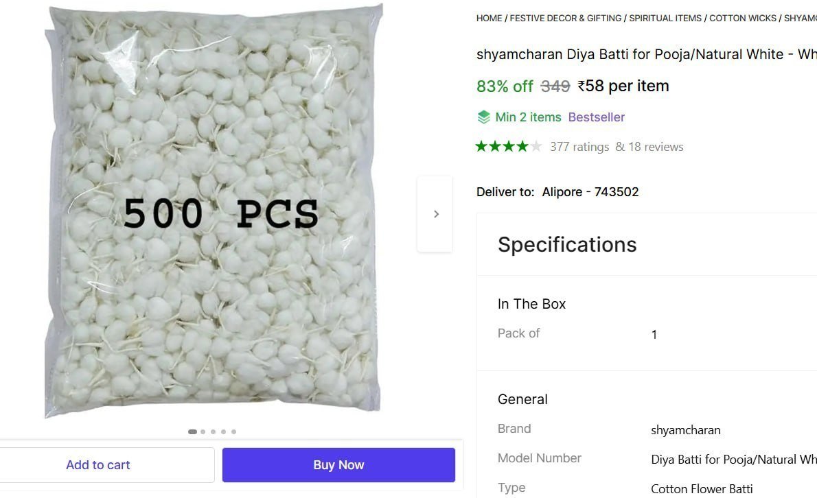 shyamcharan Diya Batti for Pooja/Natural White - White (Pack of 500 pcs) Cotton Wick Price in India - Buy shyamcharan Diya Batti for Pooja/Natural White - White (Pack of 500 pcs) Cotton Wick online at