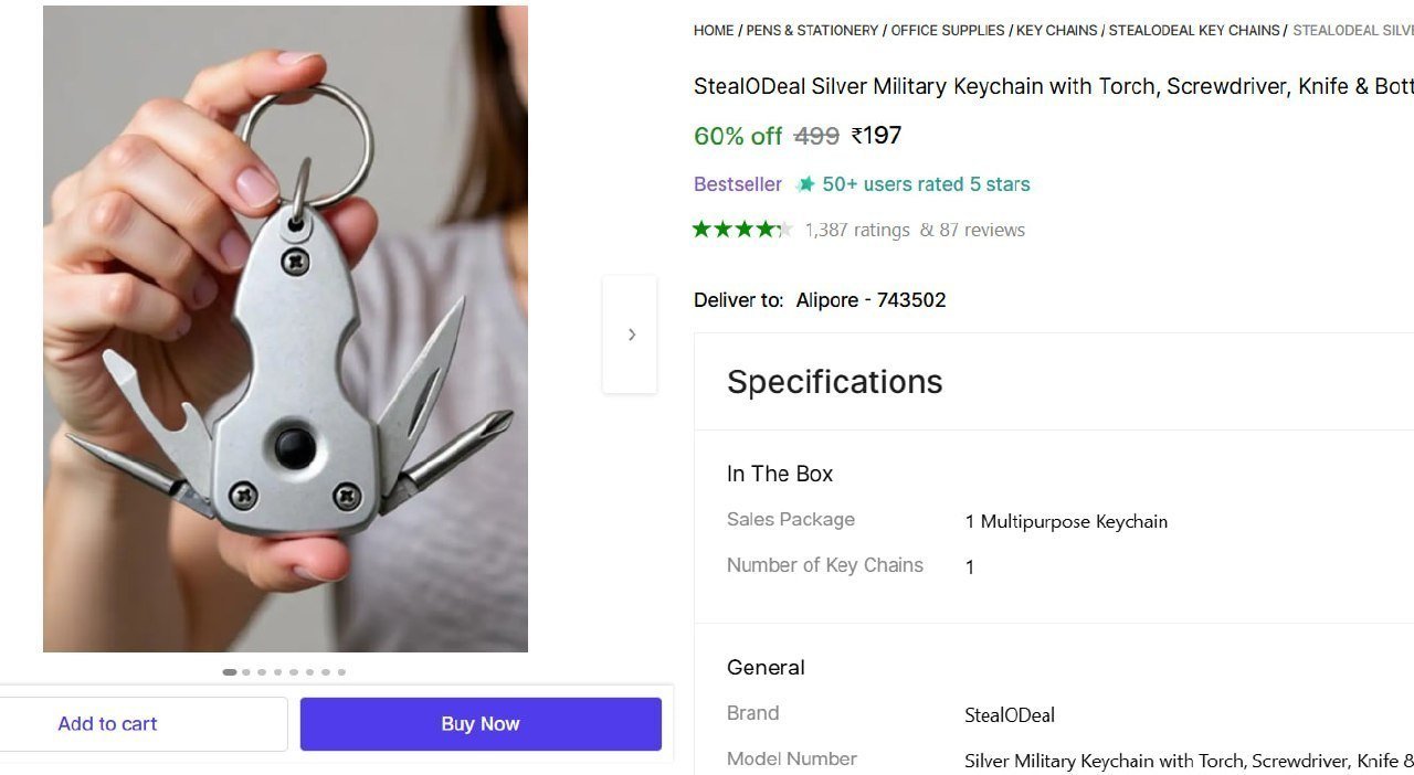 StealODeal Silver Military Keychain with Torch, Screwdriver, Knife & Bottle Opener Key Chain Price in India - Buy StealODeal Silver Military Keychain with Torch, Screwdriver, Knife & Bottle Op