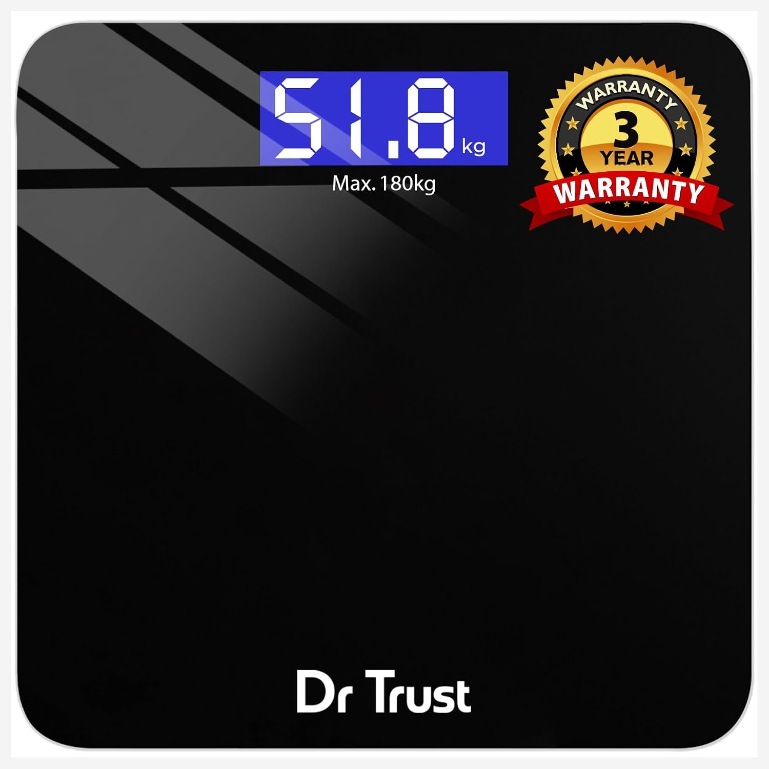 Dr Trust USA Zen Rechargeable Digital Electronic Weight Machine, CE approved with 3 Years Warranty, For Human Body 180Kg Capacity, Tempered Glass, LCD Display Personal Weighing Scale - 503 (Black)