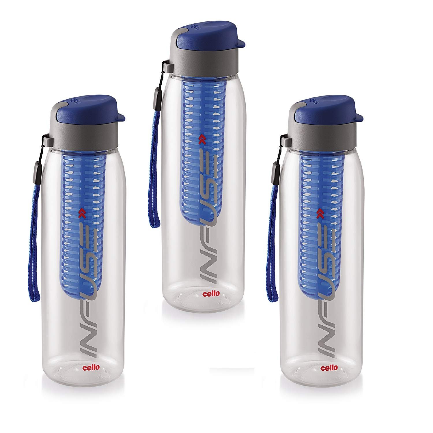 CELLO Infuse Water Bottle Set of 3, 800ml, Blue | Food Grade Unbreakable Detox Bottle with Infuser Chamber | Reusable Leakproof Lightweight Easy to Carry Fridge Pet Bottle For Home, Gym & Outdoor