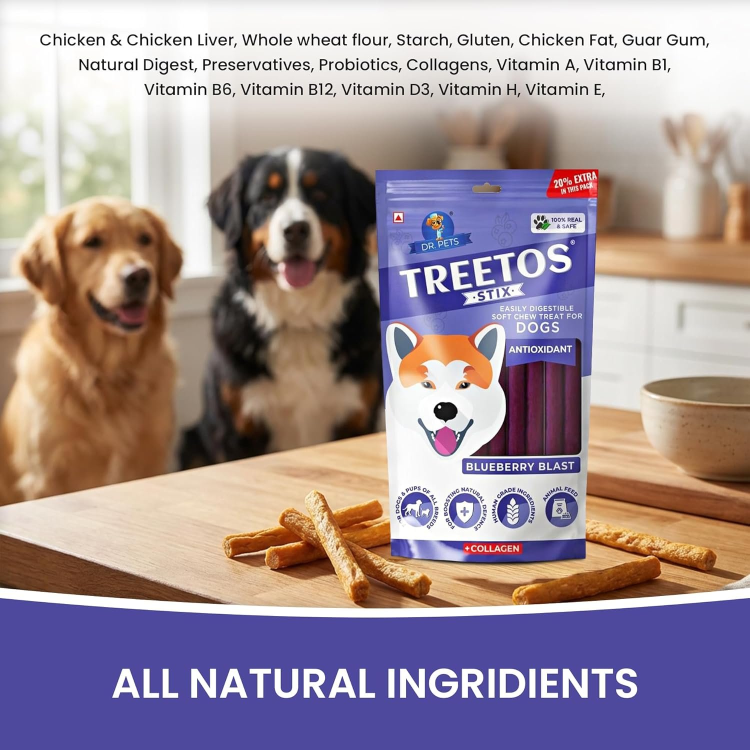 Dr. Pets Pack of 10 (85g Each) Treetos Blueberry Blast Dog Treats | Soft Chew Sticks for Puppies & Adult Dogs | Real Chicken Training Treats | Antioxidant Enriched Snacks