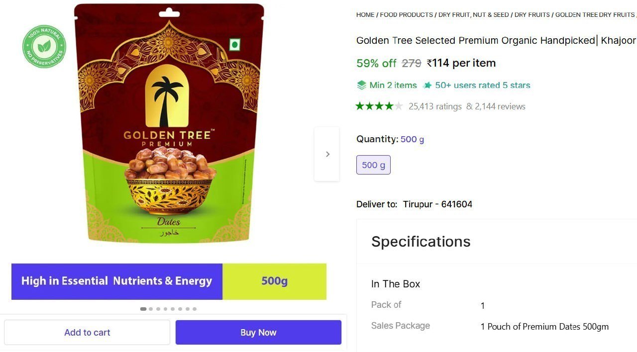 Golden Tree Selected Premium Organic Handpicked| Khajoor 100% Pure Dry Dates Price in India - Buy Golden Tree Selected Premium Organic Handpicked| Khajoor 100% Pure Dry Dates online at Shopsy.in