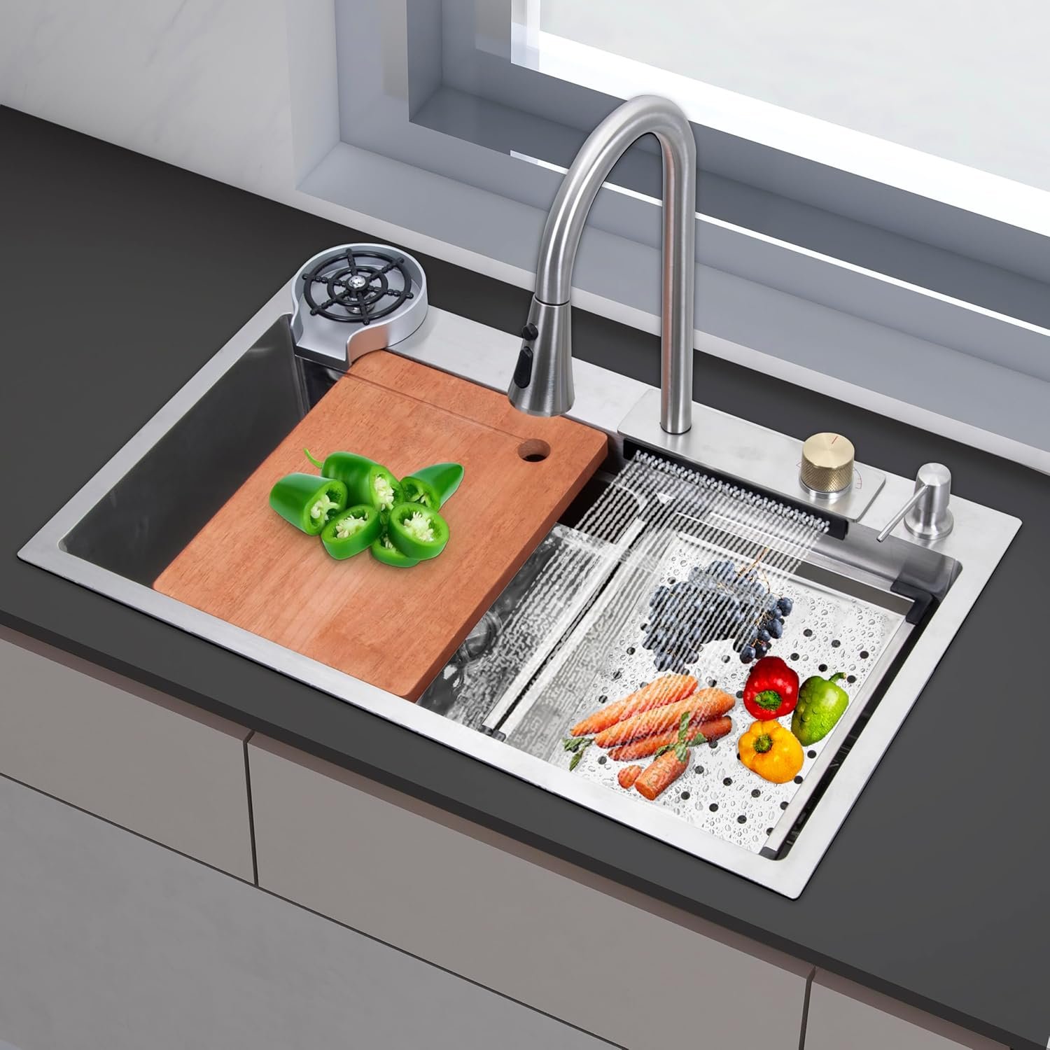 Plantex 304 Grade Stainless Steel Kitchen Sink/Waterfall Kitchen Sink with Anti-Scratch Design/Sink with Pull-Down Faucet - (30 X 18 X 10 Inch, Matt)