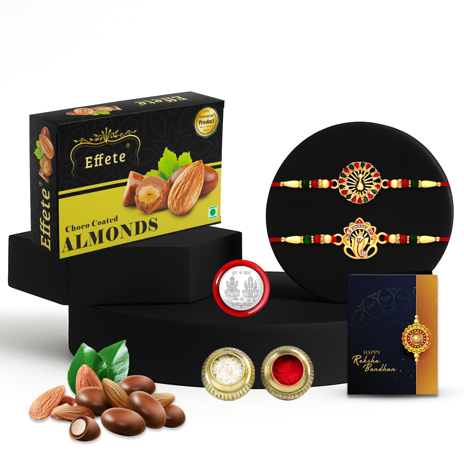 DeoDap Chocolate with Rakhi Set for Brother - Lord Ganpati & Peacock Design Rakhi Set of 2 with Choco Coated Almonds (32 GM), Silver Colour Pooja Coin & Greeting Card, Raksha Bandhan Combo for