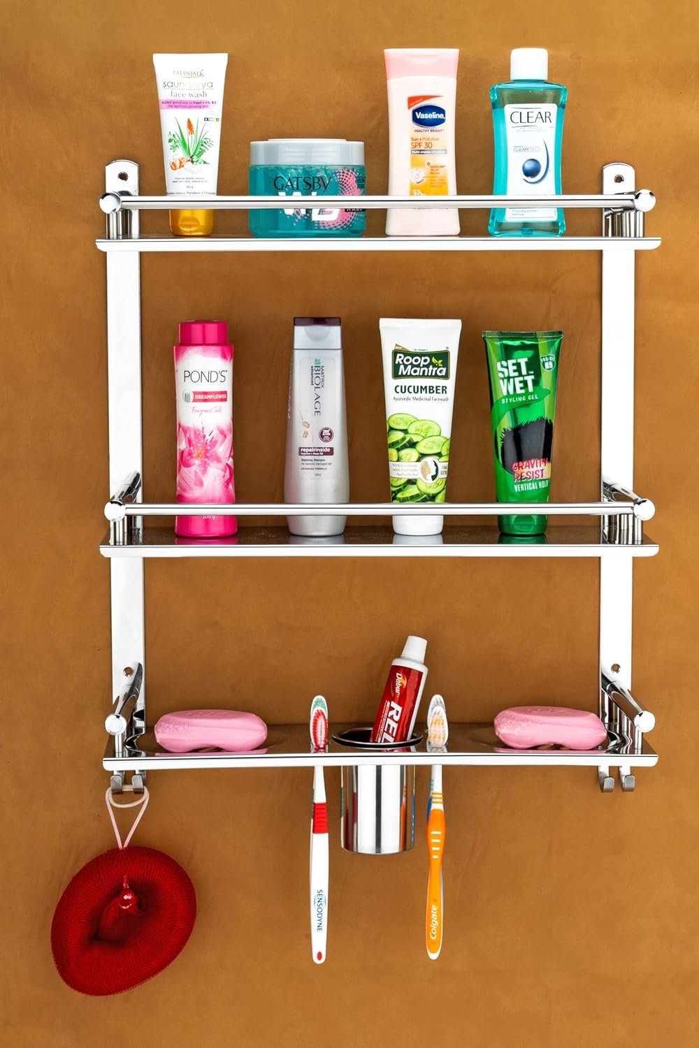 Oslen Stainless Steel 3 Layer Multipurpose Use Shelf Organizer Bathroom Shelf and Rack with Double Soap Dish and Toothbrush Holder Soap Holder Bathroom Accessories (16 x 5 x 19 inch)