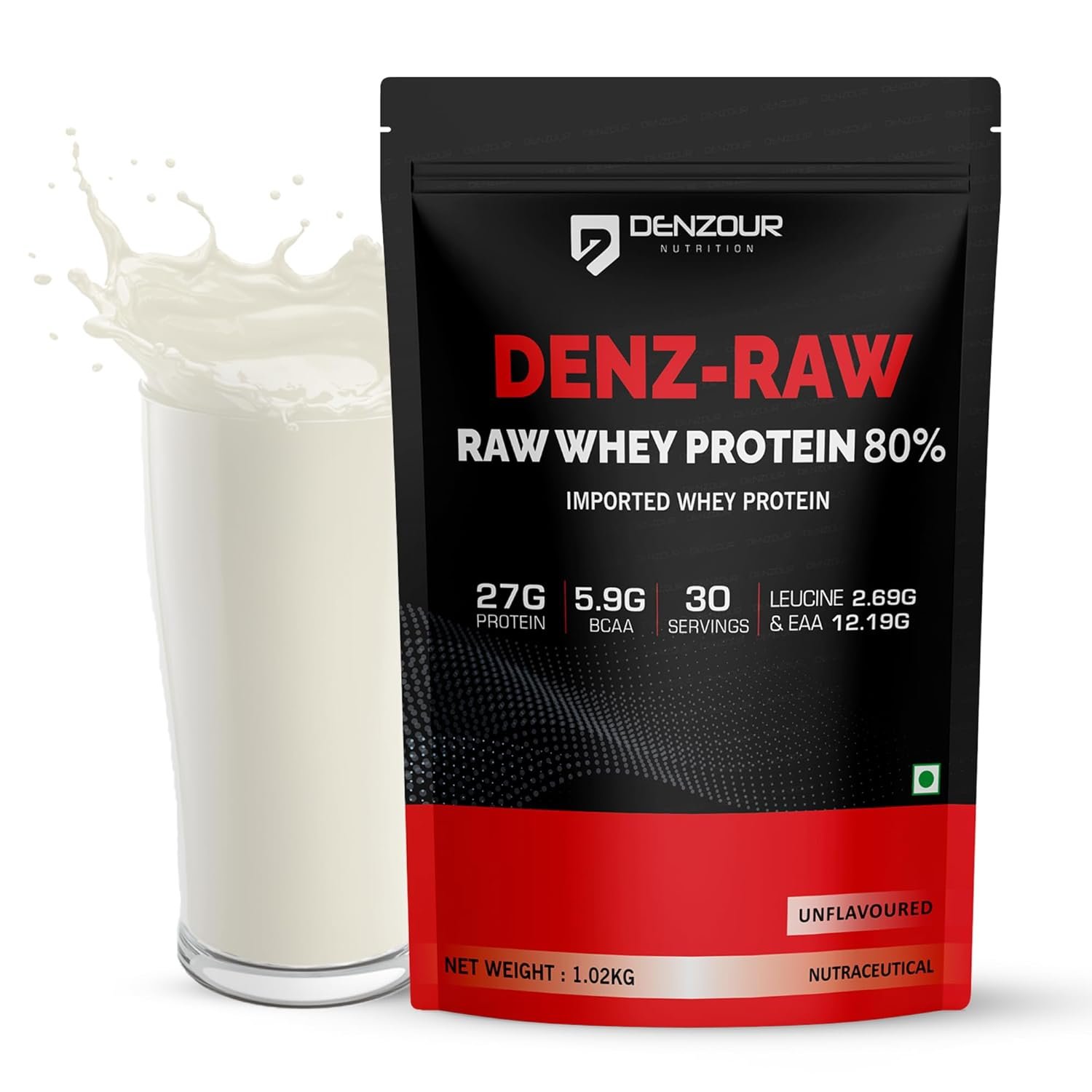 DENZOUR NUTRITION Denz-Raw 80% Imported Whey Protein with Digestive Enzymes | Increase muscle strength, Growth & Recovery | Lab Tested | 27g Protein, 5.9g BCAA- Unflavoured, 1.02Kg/2.2lb (30 Servi