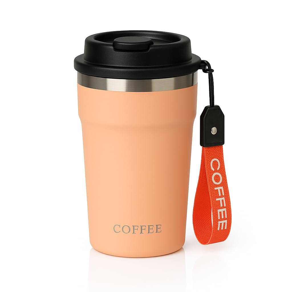 Reusable Stainless Steel Tumbler 400ml | Portable Coffee Mug with Strap | Double Wall Leakproof Travel Cup for Office, Gym, and Outdoor Use (Peach)