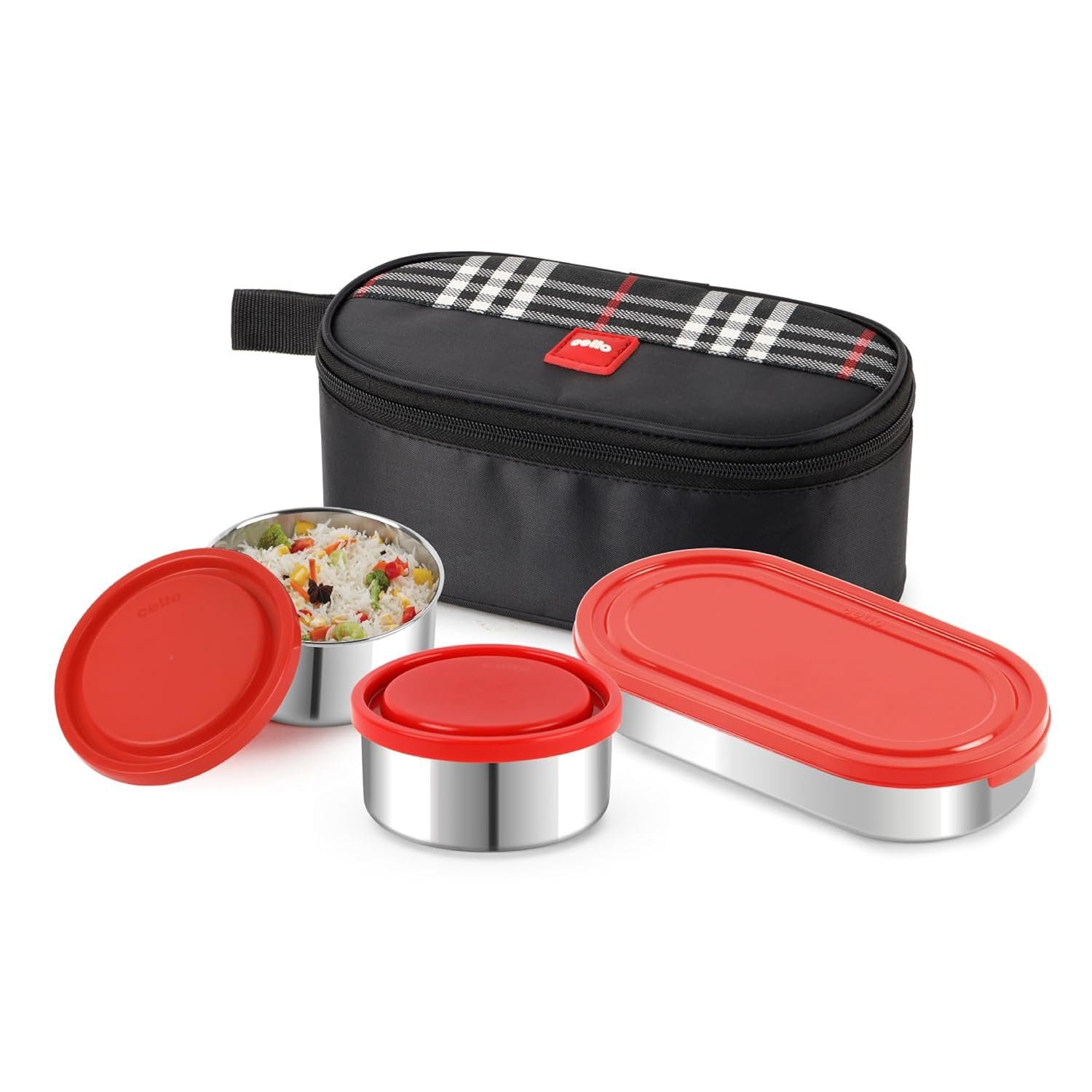 CELLO MF Trent Plus Lunch Box with Bag for Office, Red | 300ml x 2 Steel Containers, 500ml Oval Plastic Containers, Leak Proof Airtight Snap Lock Lid Tiffin Box Set for School Kids, College & Trav