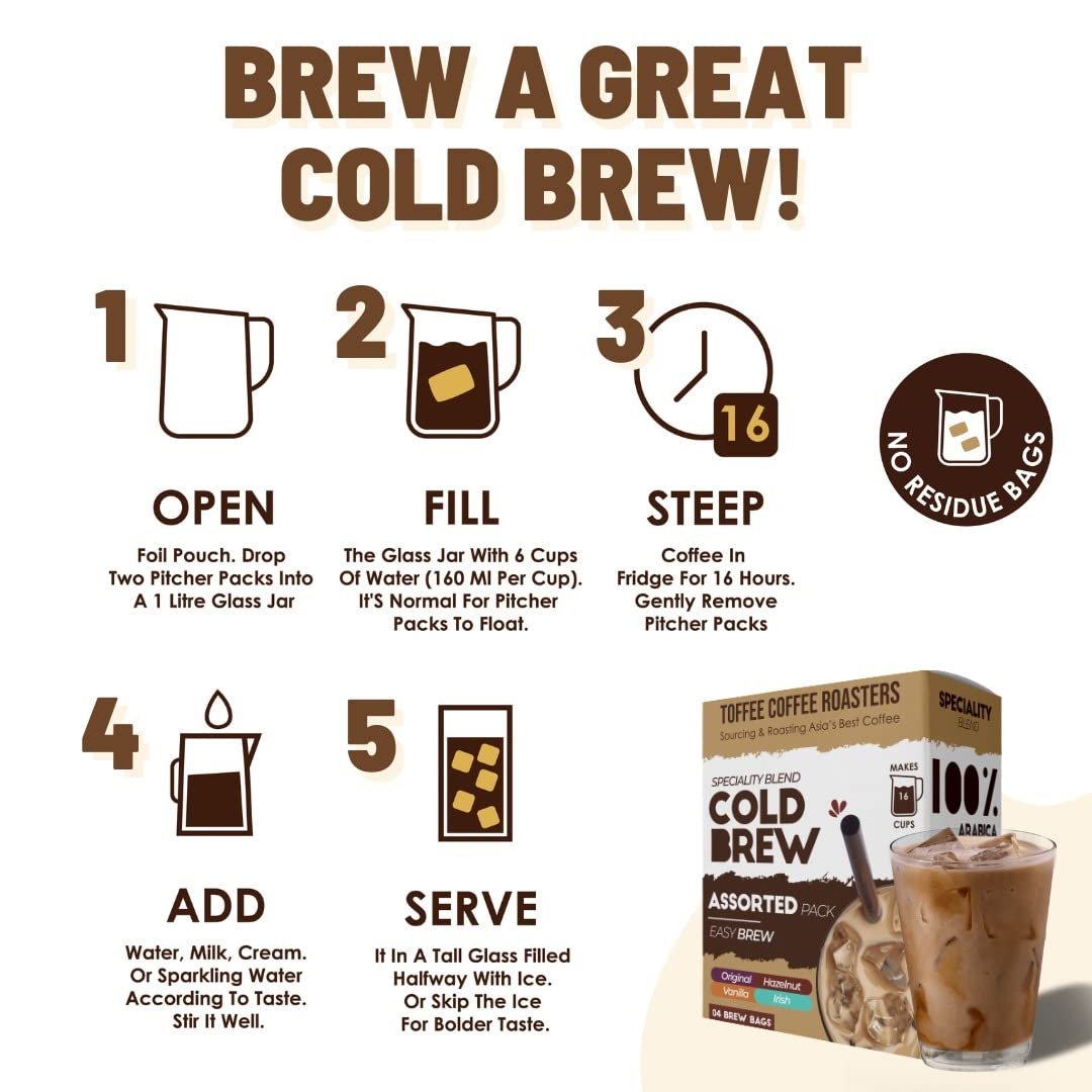 Toffee Coffee Roasters Assorted Cold Brew Bags | Free Mason Jar | As Seen On Shark Tank | Easy Brew | Pack of 12 Bags | 100% Arabica Coffee | Makes 48 Cups