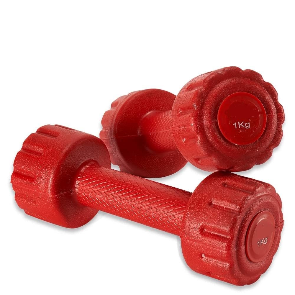 De Jure Fitness PVC Round Dumbbells Pair for Home Gym & Fitness Full Body Workout | Strength Training Kit, 1kg x 2 Pcs = 2kg, Red