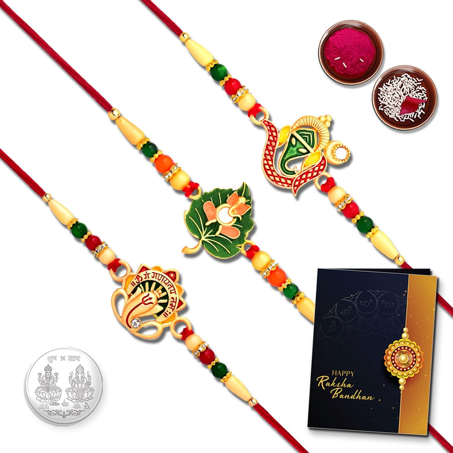 Periapt OM with Morpankh Rakhi Design for Kids | Fun Rakhi Set With Ganesha | Car Design Rakhi For Kids | Pack Of 3 Designer Rakhis For Brothers