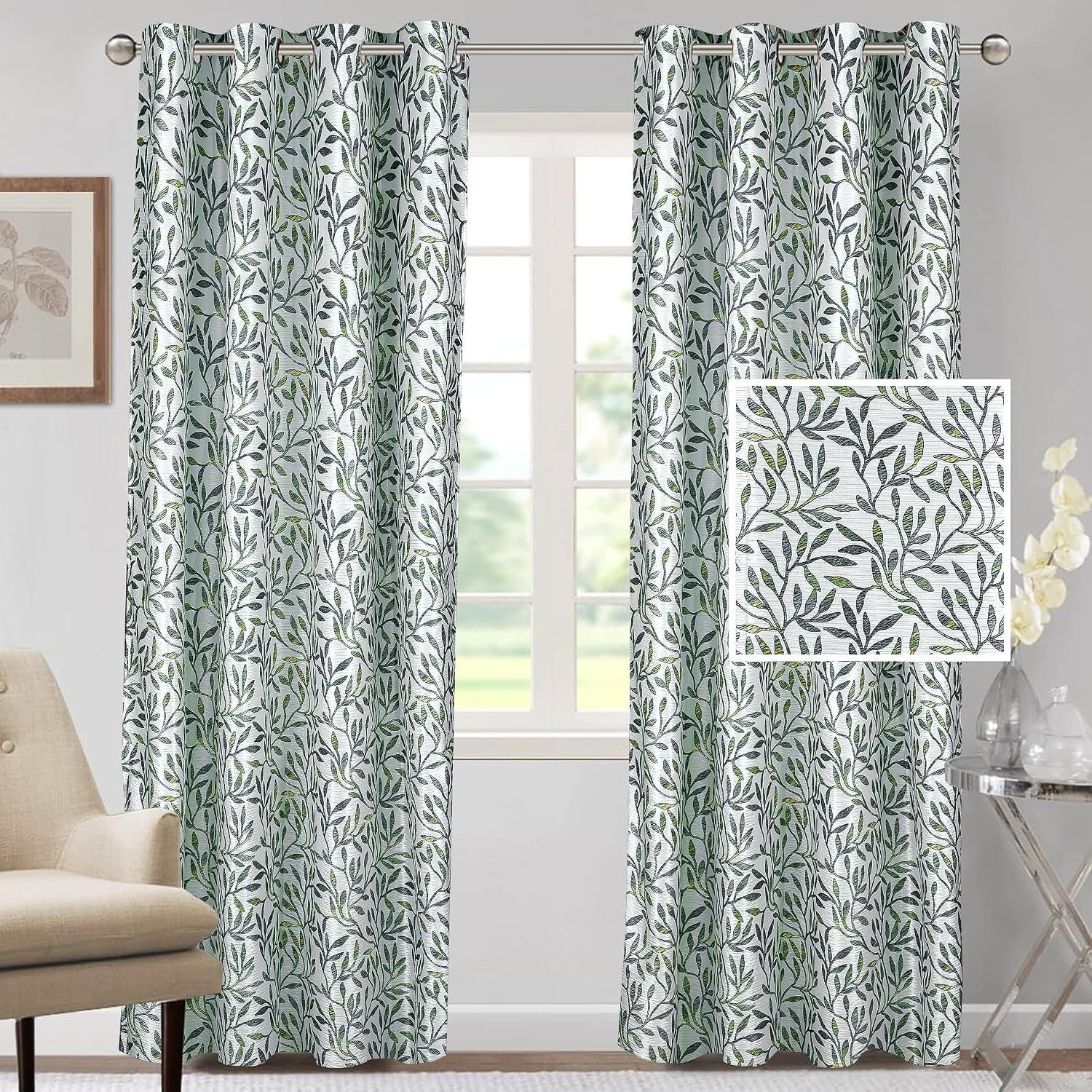 Cortina Polyester 75% Blackout Curtains Set of 2 Floral Print | Grommet Eyelet Window Curtains for Living Room, Bedroom & Kids Room | Light Filtering Drapes for Privacy (Grey, 7 FT)