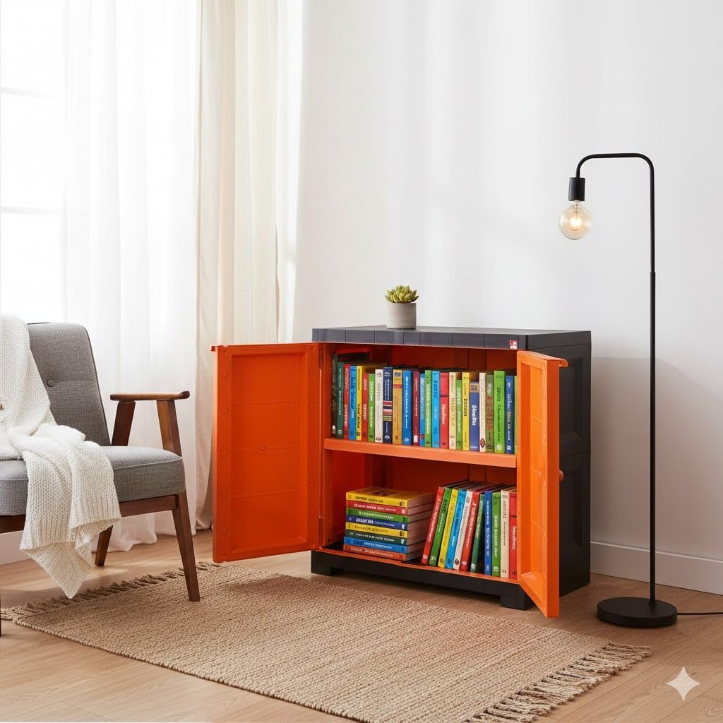 Cello Novelty Compact Bookshelf, Orange & Brown | 2 Dustproof Doors | Space Saving Cupboard | Plastic Book Shelf | Multipurpose Book Shelf for Home, Office | Book Organizer for Library