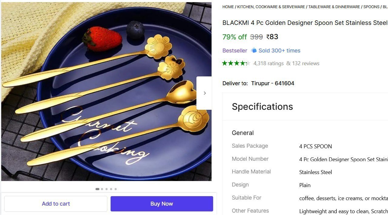 BLACKMI 4 Pc Golden Designer Spoon Set Stainless Steel Tea & Coffee Spoons Stainless Steel Coffee Spoon, Ice Tea Spoon, Tea Spoon, Sugar Spoon, Dessert Spoon Price in India - Buy BLACKMI 4 Pc Gold