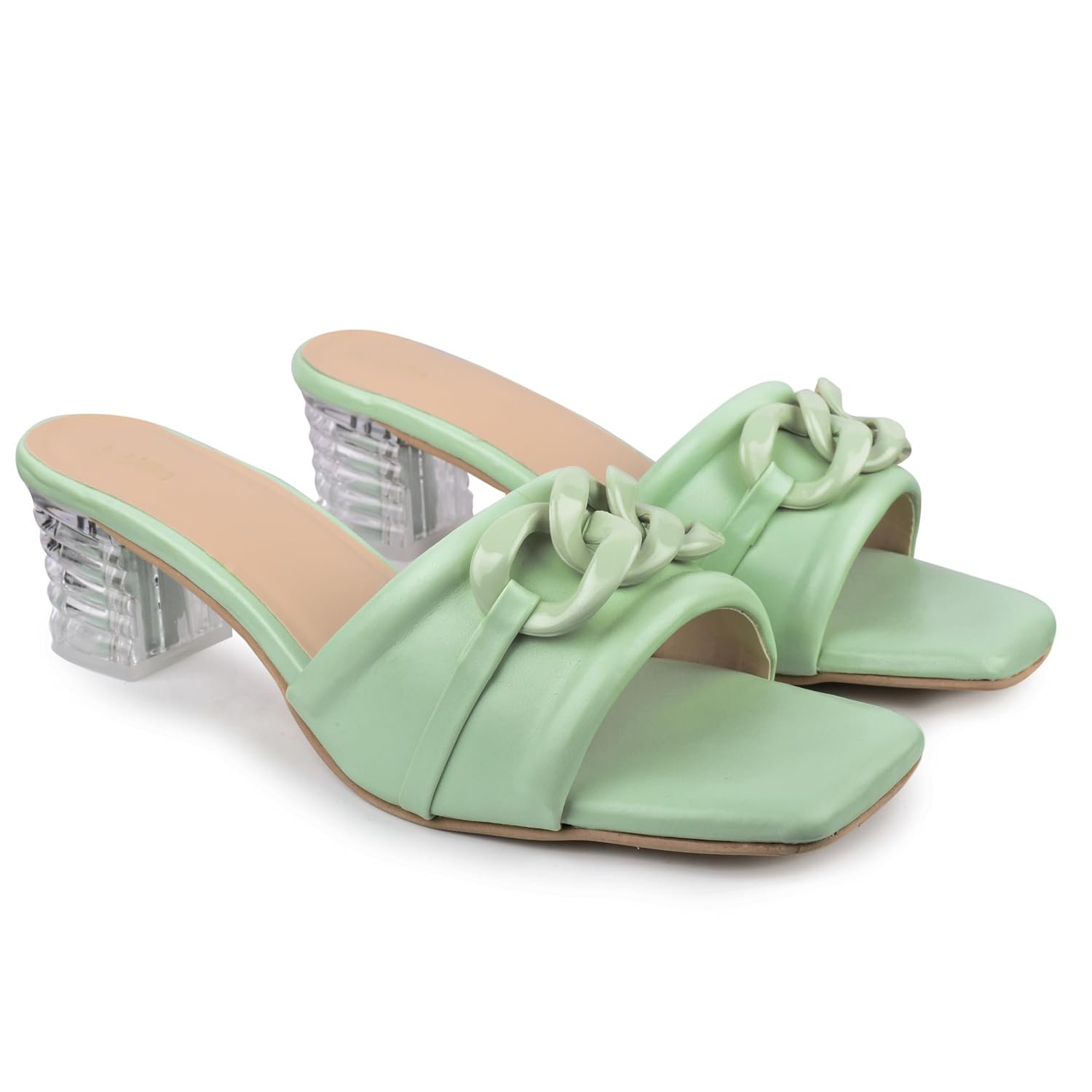 Women's Slip On-On Heeled Sandals with Transparent Block Heels & Decorative Chain Strap Signora103| Fashionable Summer Slides Trendy Chain Strap Signora103